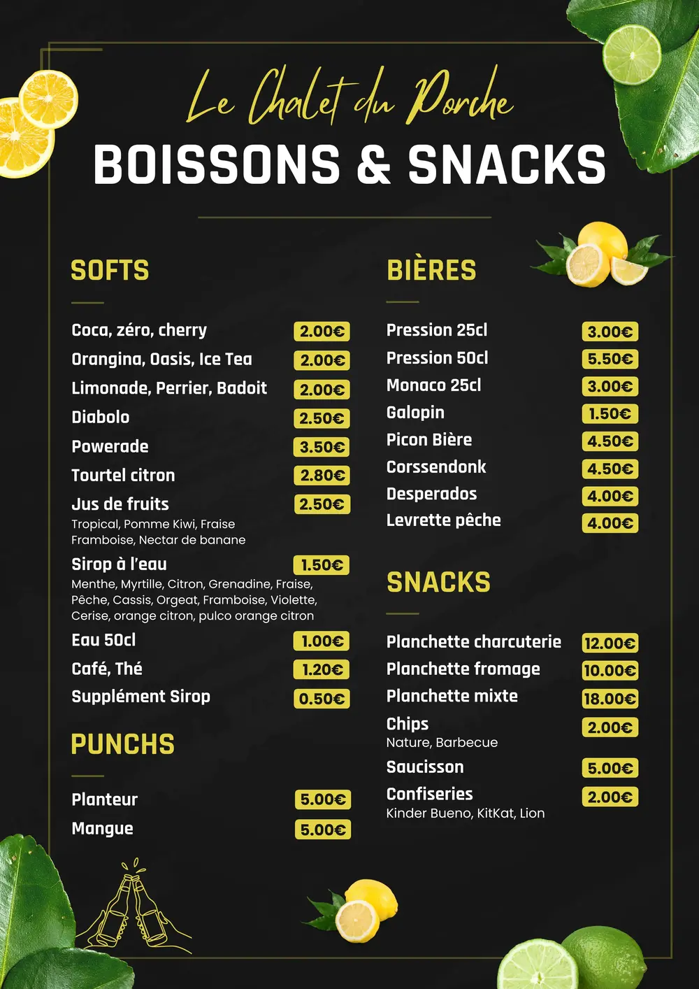 Carte du bar et de la terrasse